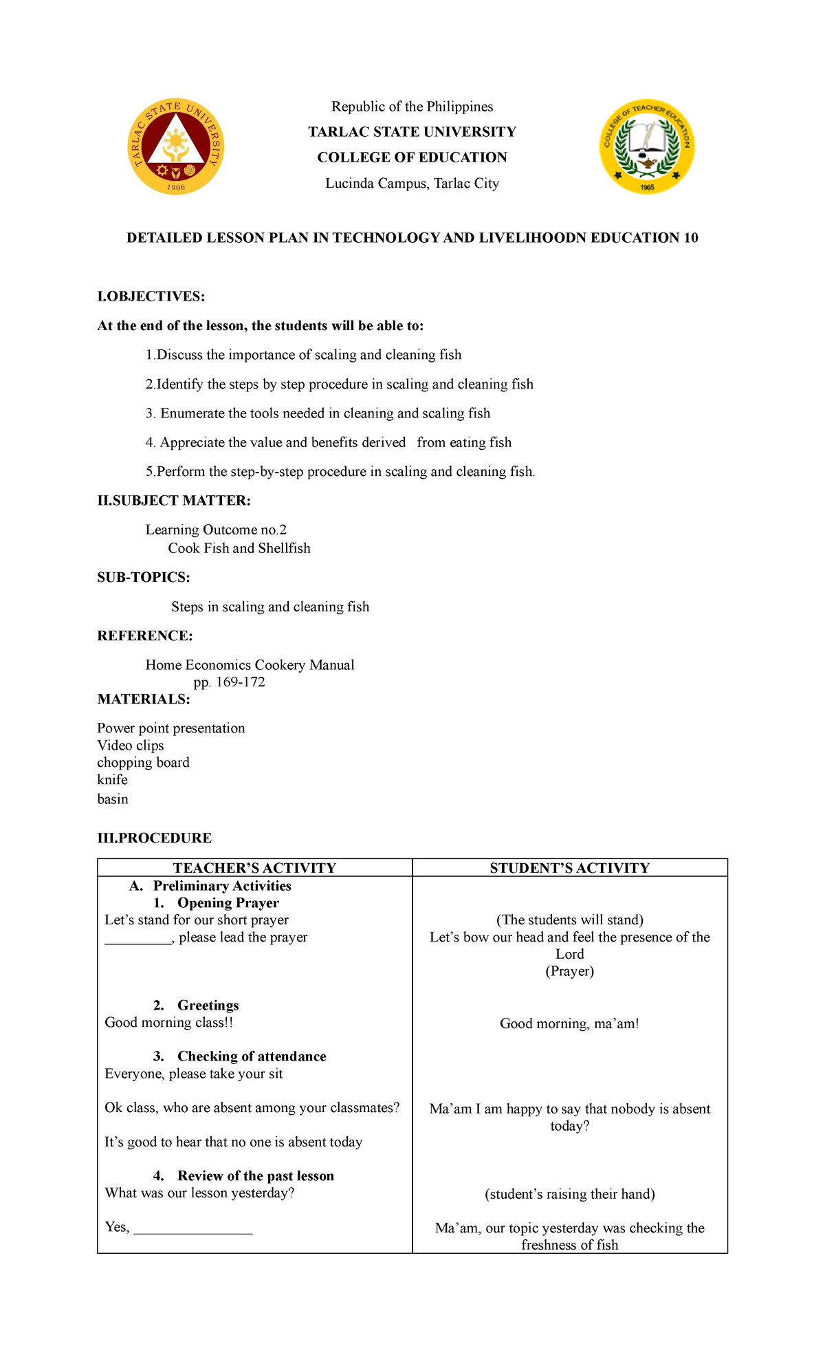 DLP in TLE 10: Steps for Scaling and Cleaning Fish Lesson Plan - Studocu