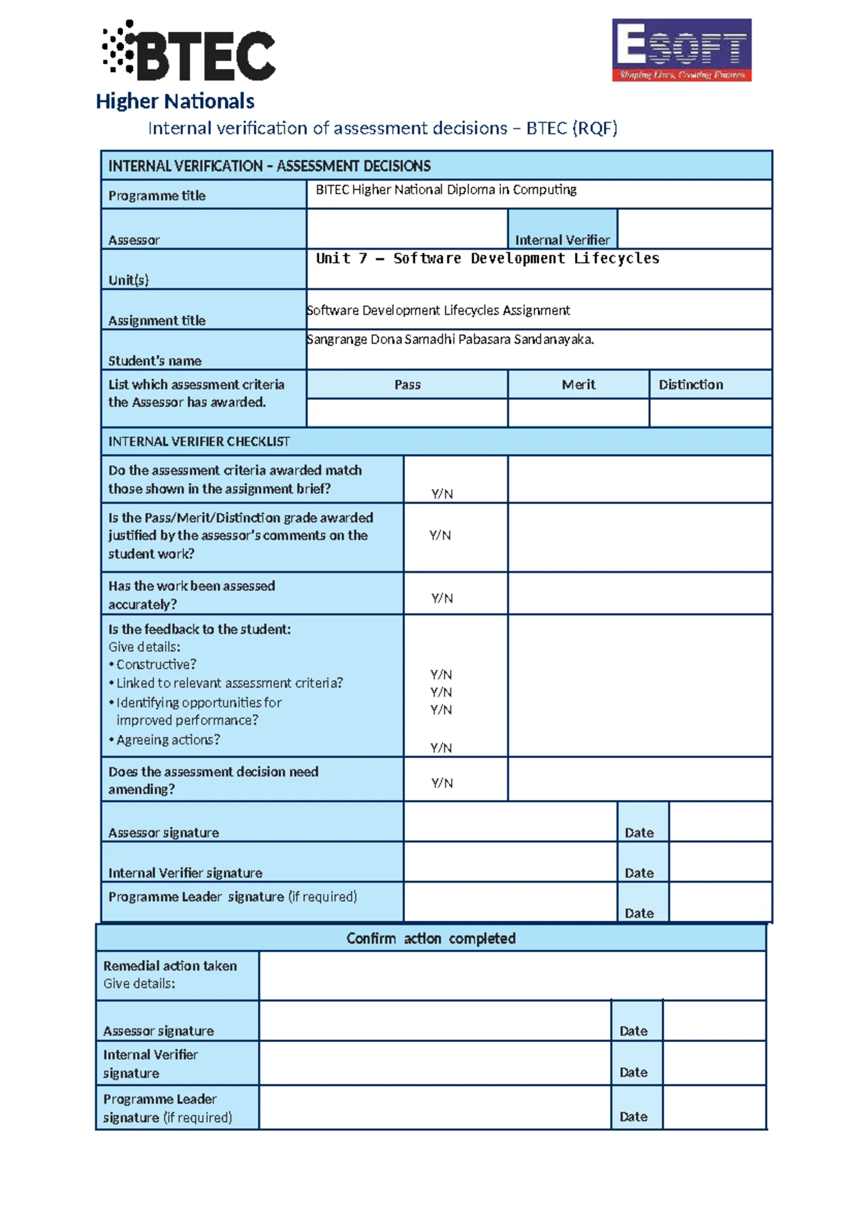 SDLC Internal Verification Checklist for Unit 7: Software Development ...