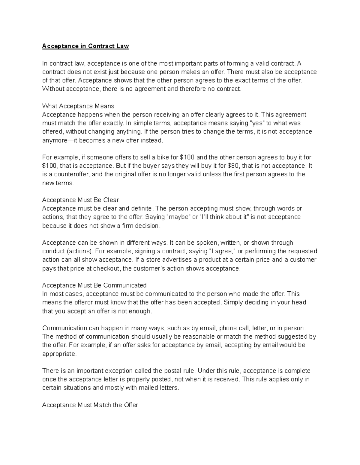 Acceptance in Contract Law: Key Concepts and Principles - Studocu