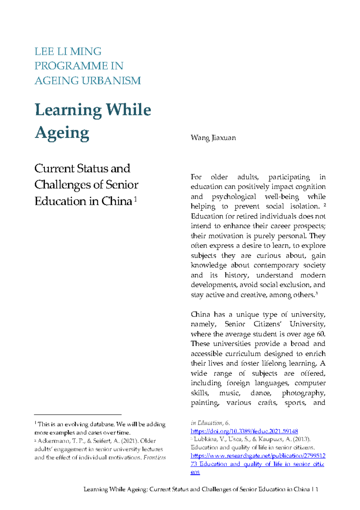 LEE LI MING PROGRAMME IN AGEING URBANISM: Senior Education in China ...