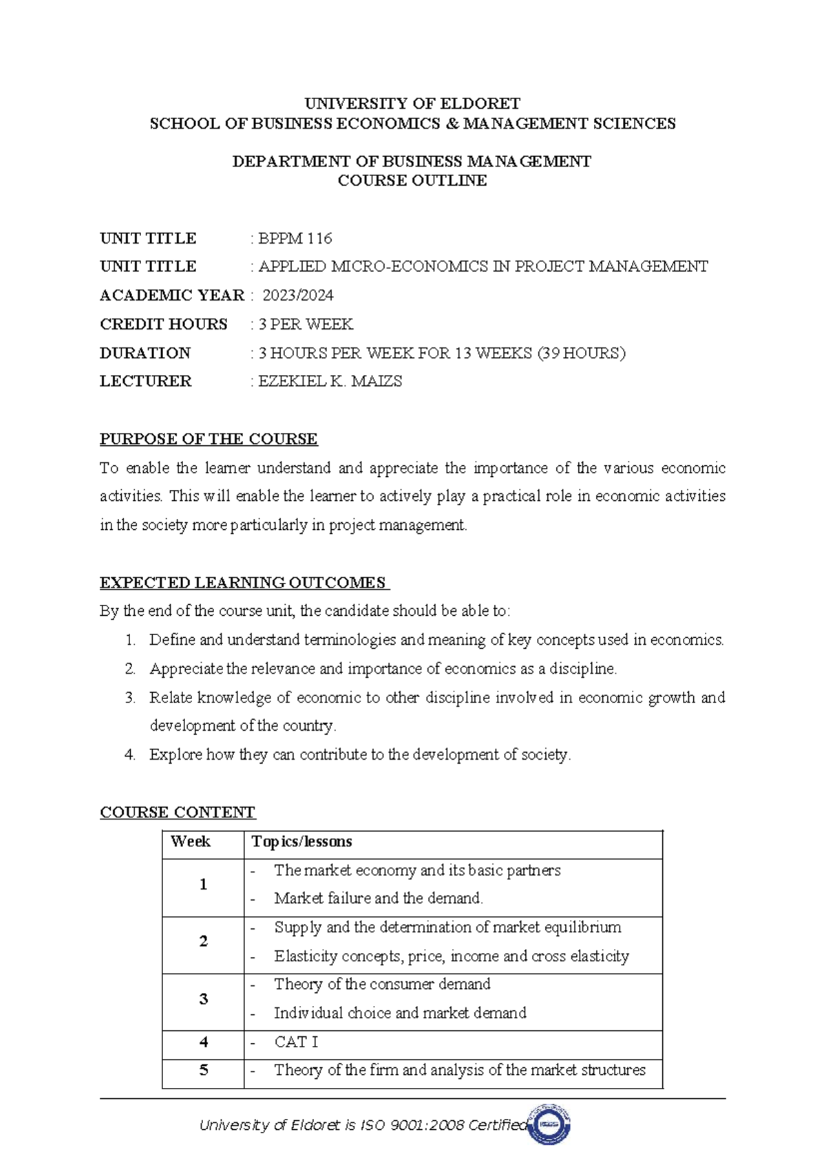 Course Outline: BPPM 116 - Applied in Project Management - Studocu