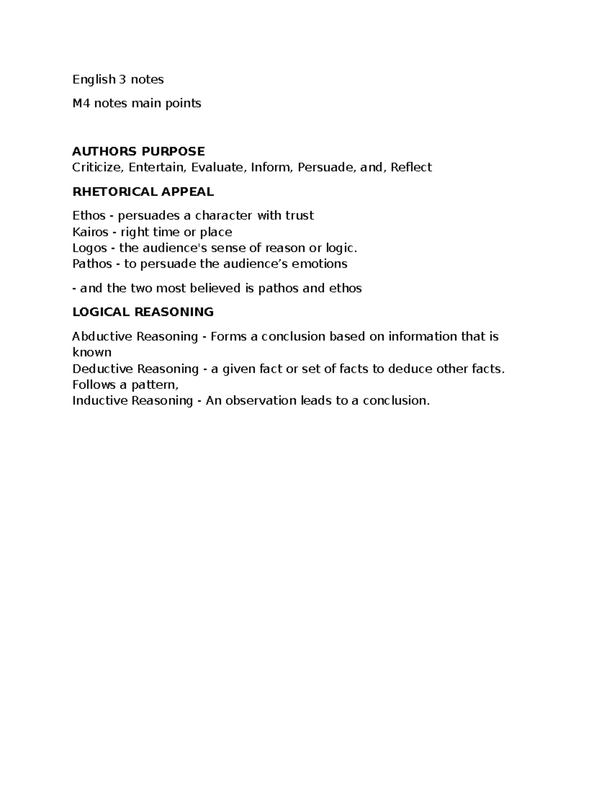 E 3 - english - English 3 notes M4 notes main points AUTHORS PURPOSE ...