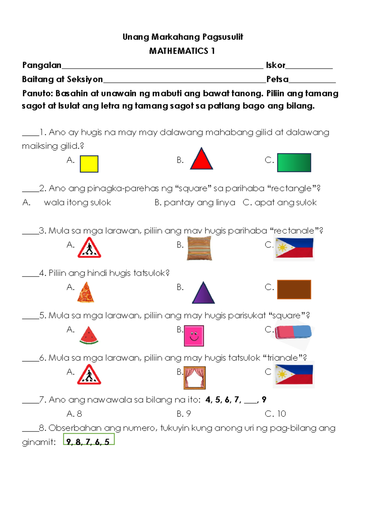 Mathematics 1 Midterm Test: Unang Markahang Pagsusulit - Studocu