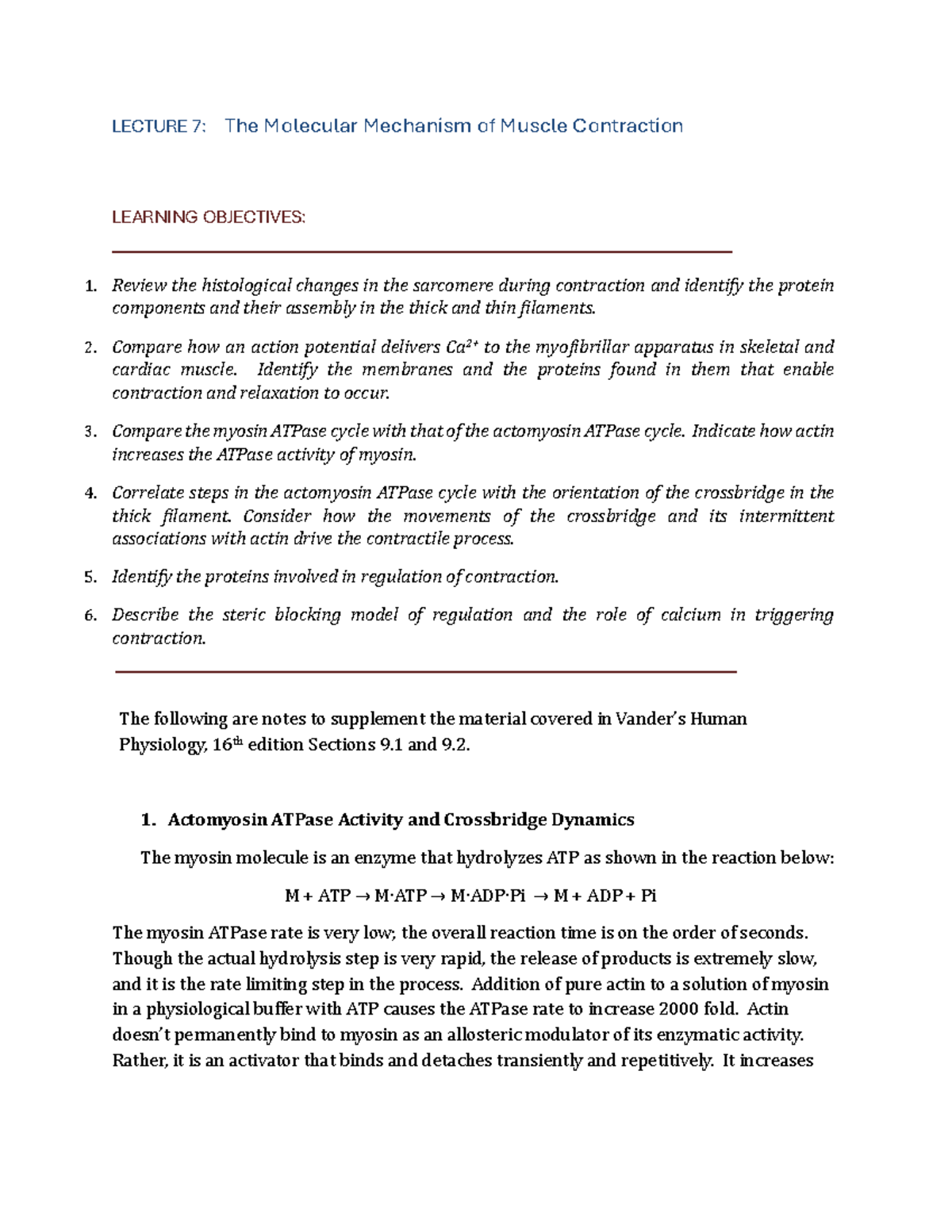 MUSC 101: Lecture Notes on Molecular Mechanisms of Muscle Contraction ...