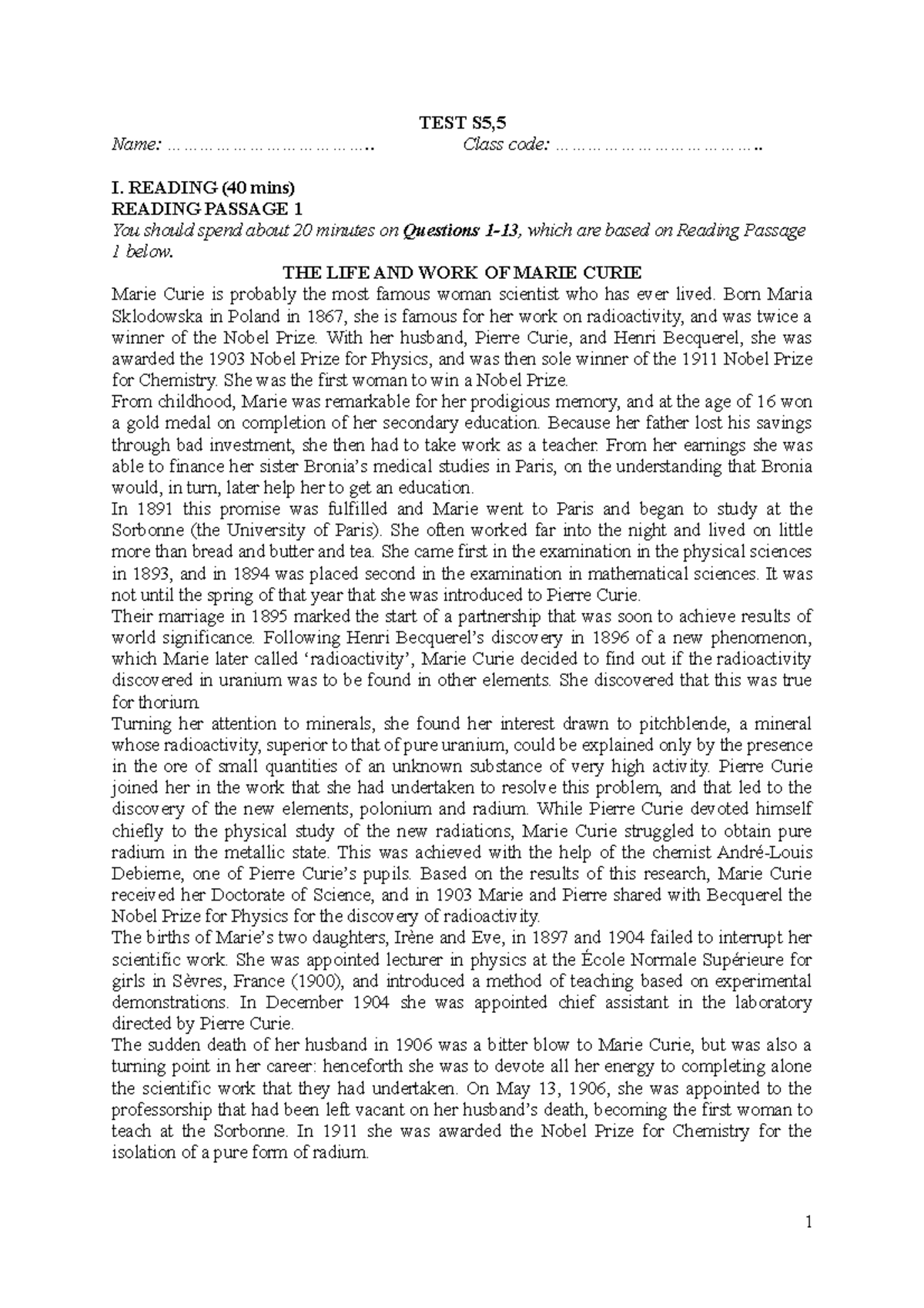 Writing - TEST S5, Name: ...................................... Class ...