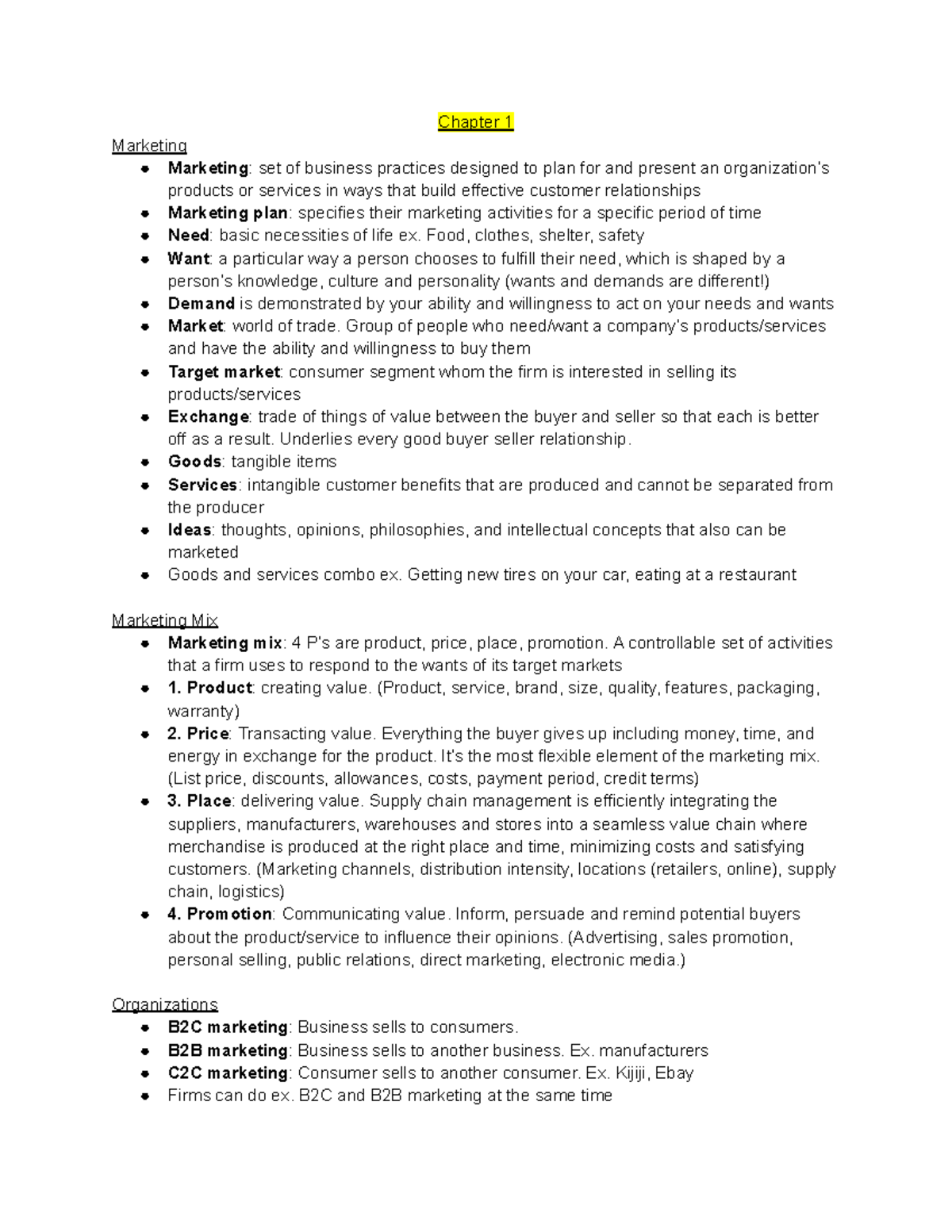 1MA3 Marketing Notes - Chapter 1 Marketing Marketing: set of business ...