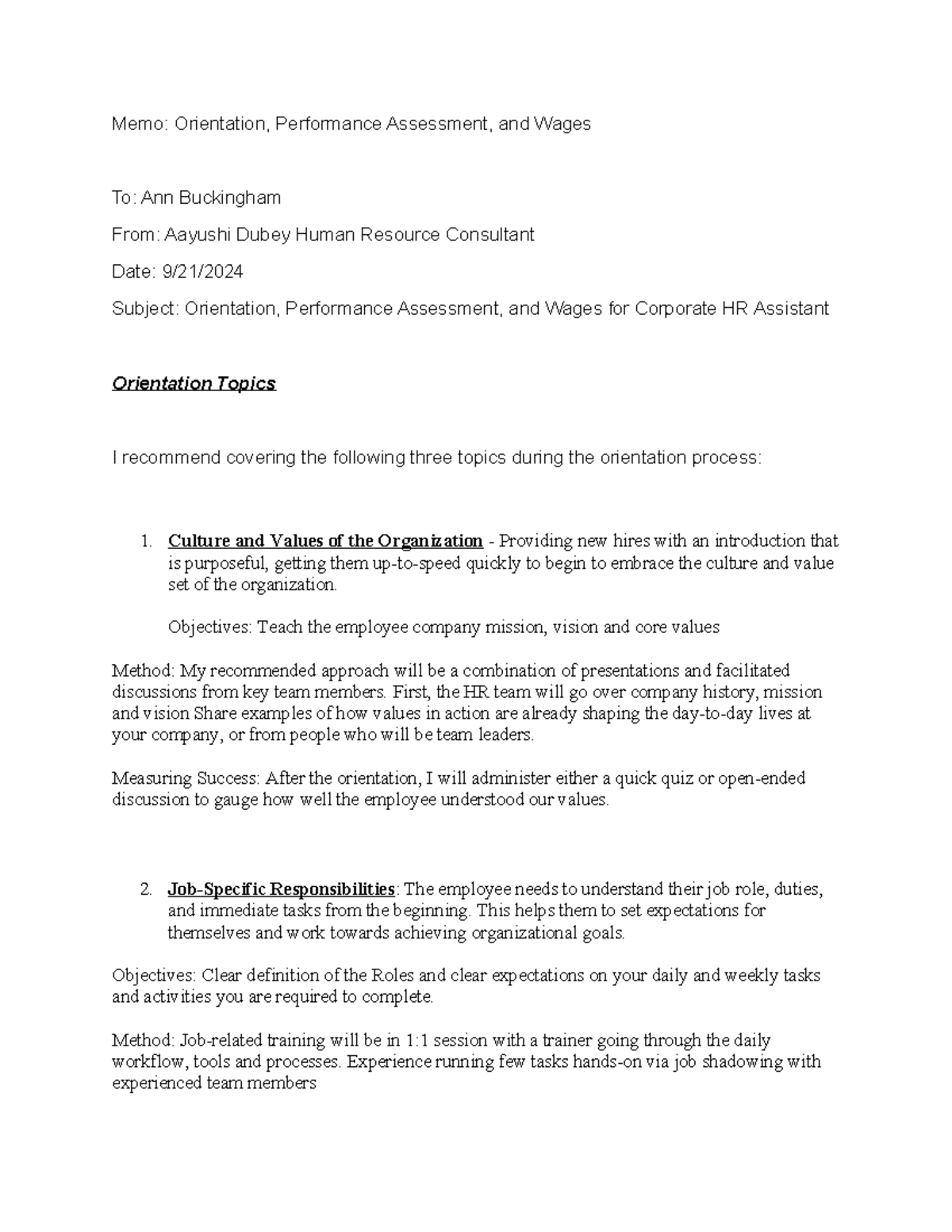 HRMT 386 Assignment 2: Orientation & Performance Evaluation Memo - Studocu