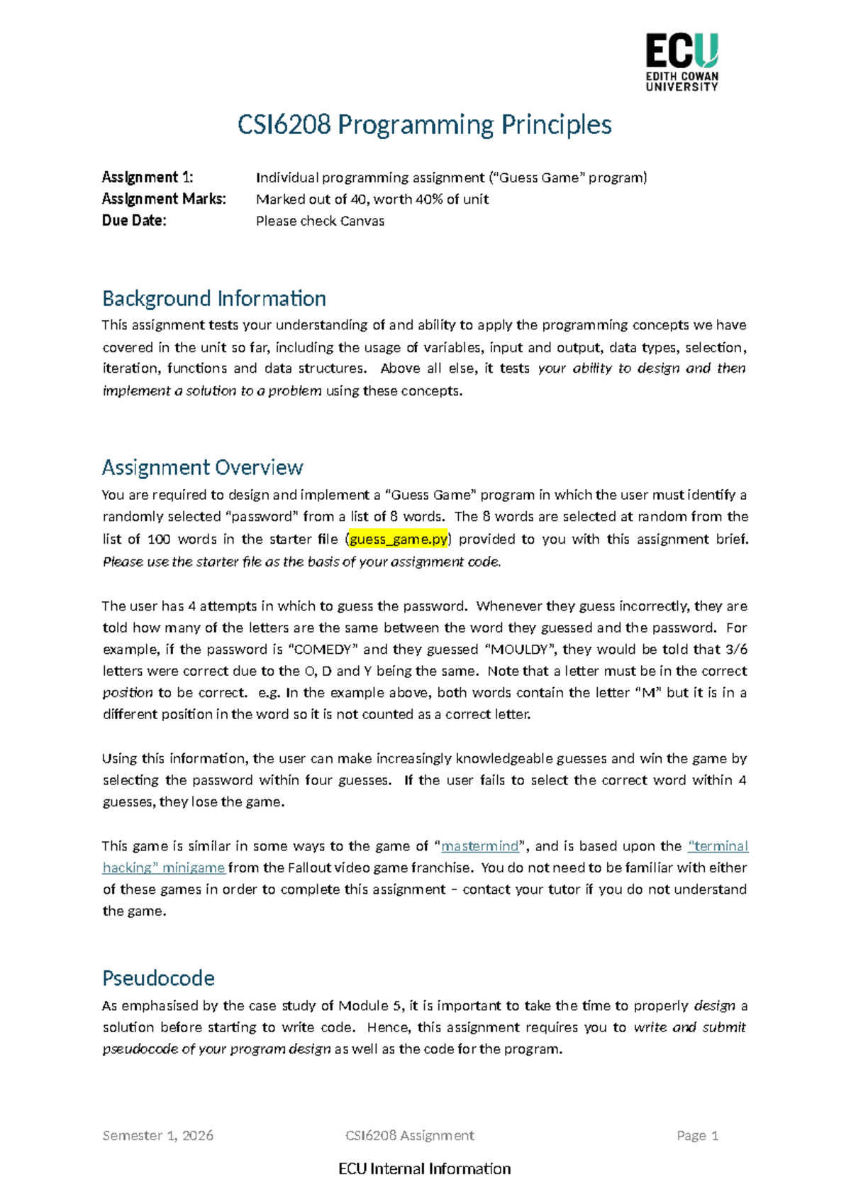 CSI6208 Programming Principles Assignment 1: Guessing Game Design - Studocu