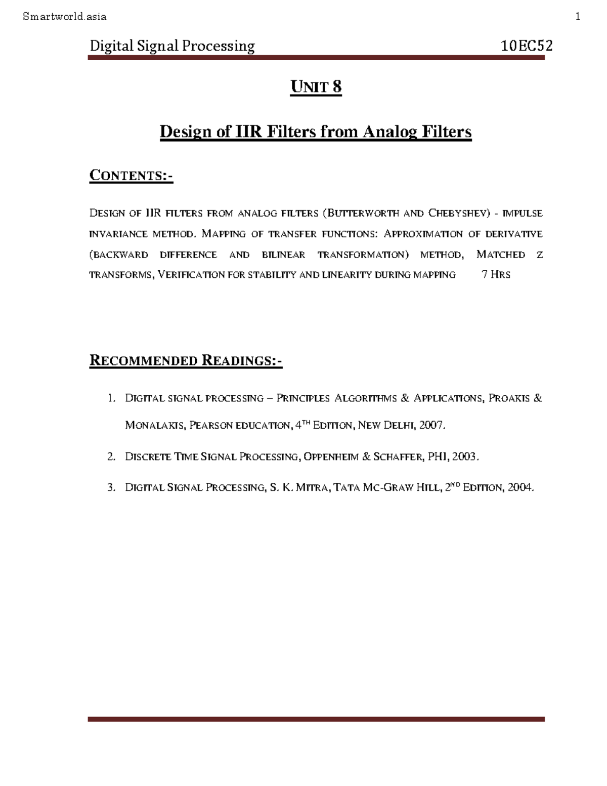 Digital Signal Processing 10EC52: IIR Filter Design from Analog Filters ...