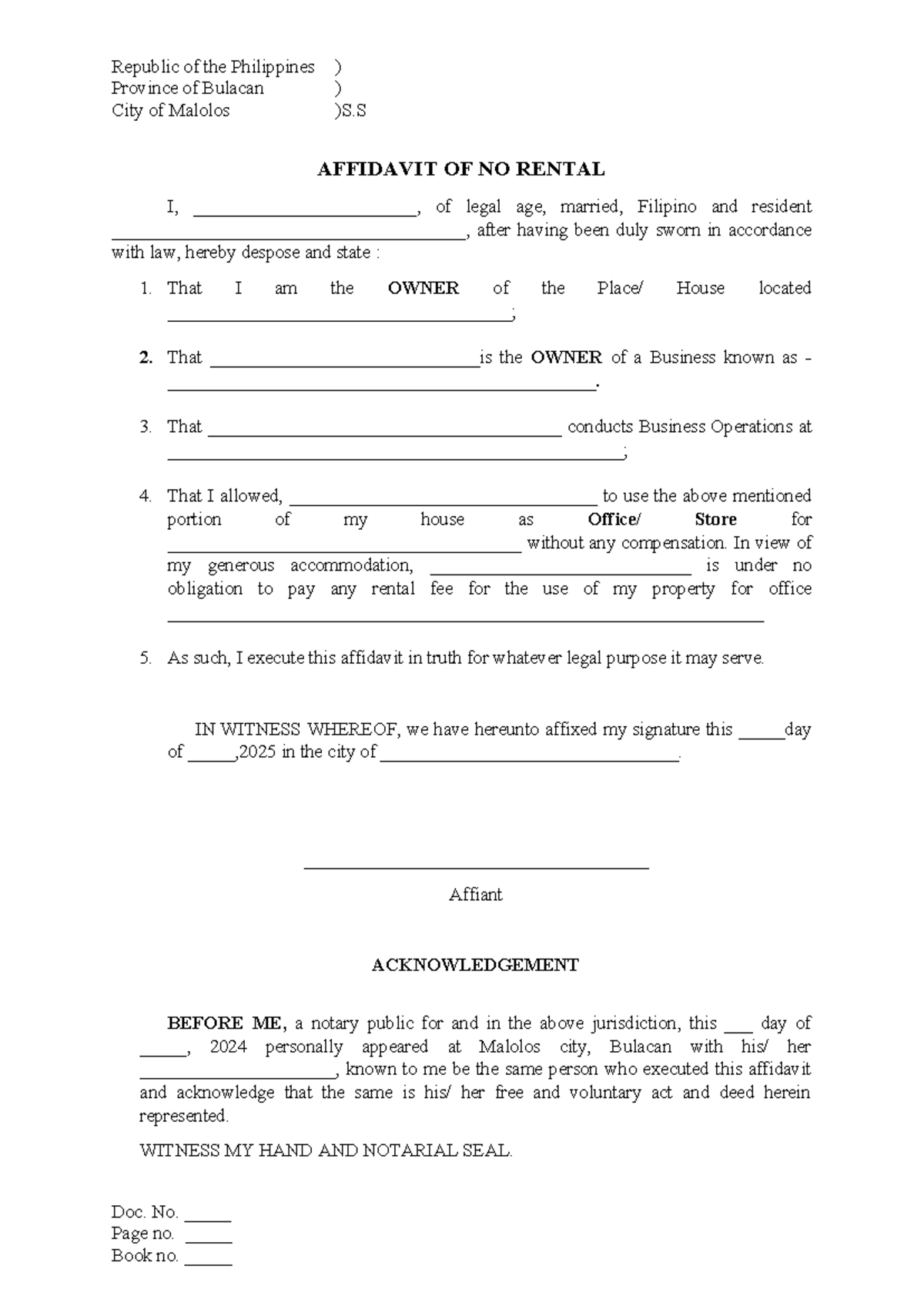Affidavit of No Rental Use (Bulacan Province - Legal Document) - Studocu