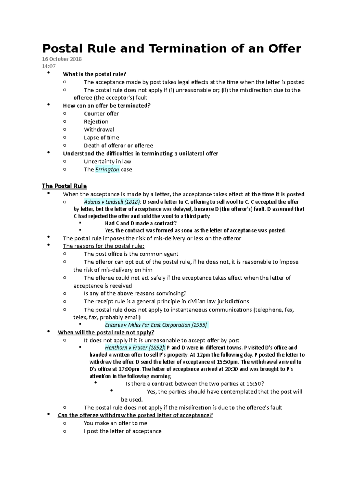 Law Study: Postal Rule & Termination of Offer Analysis (Law 101) - Studocu