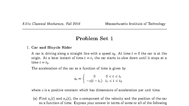 8.01x Classical Mechanics: Problem Set 1 - Fall 2016 - Studocu