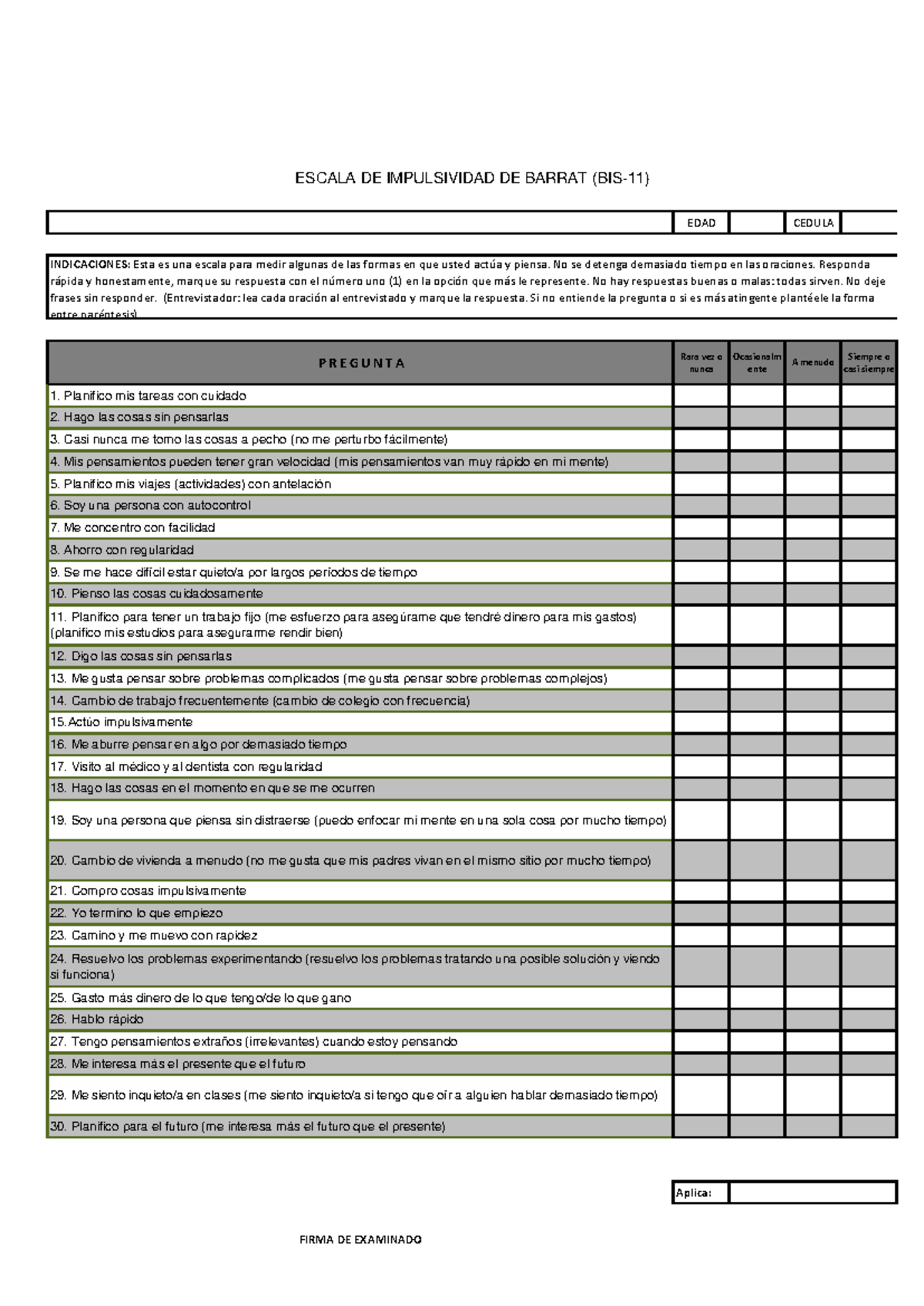 Escala de Impulsividad Barratt-BIS 11: Cuestionario de Evaluación - Document Preview