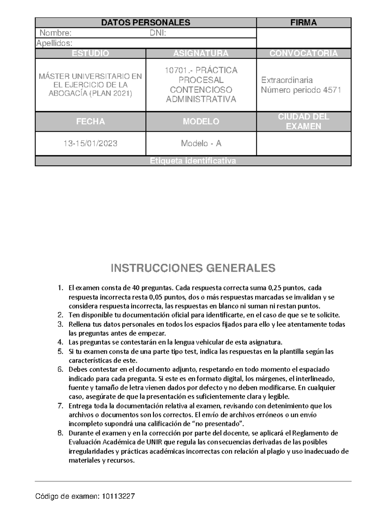 Examen Extraordinario Práctica Procesal Contencioso Administrativa 10701 - Document Preview