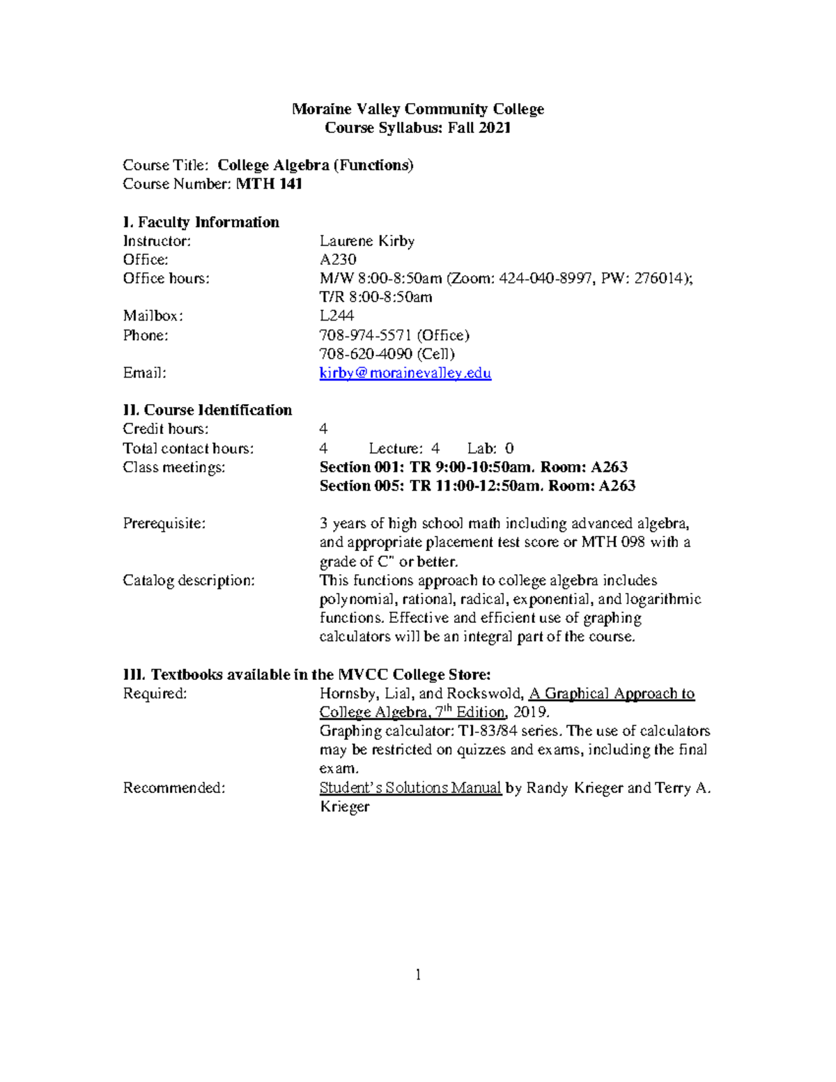 MTH141 College Algebra (Functions) Syllabus - Fall 2021 Revision - Studocu
