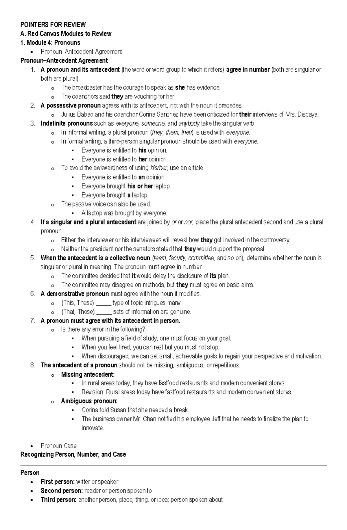 Pointers for Review: Pronoun Agreement & Tense Overview - PE1 - Studocu