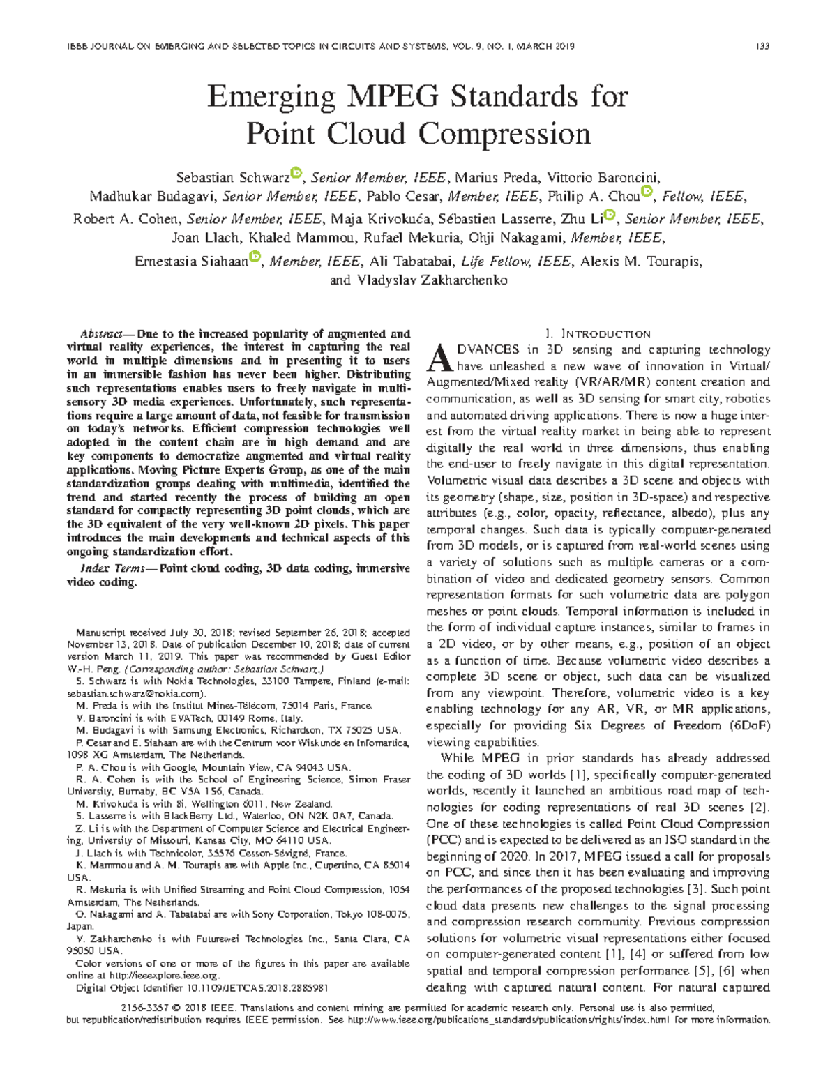 Emerging MPEG Standards for Point Cloud Compression (JESTCS 2019) - Studocu