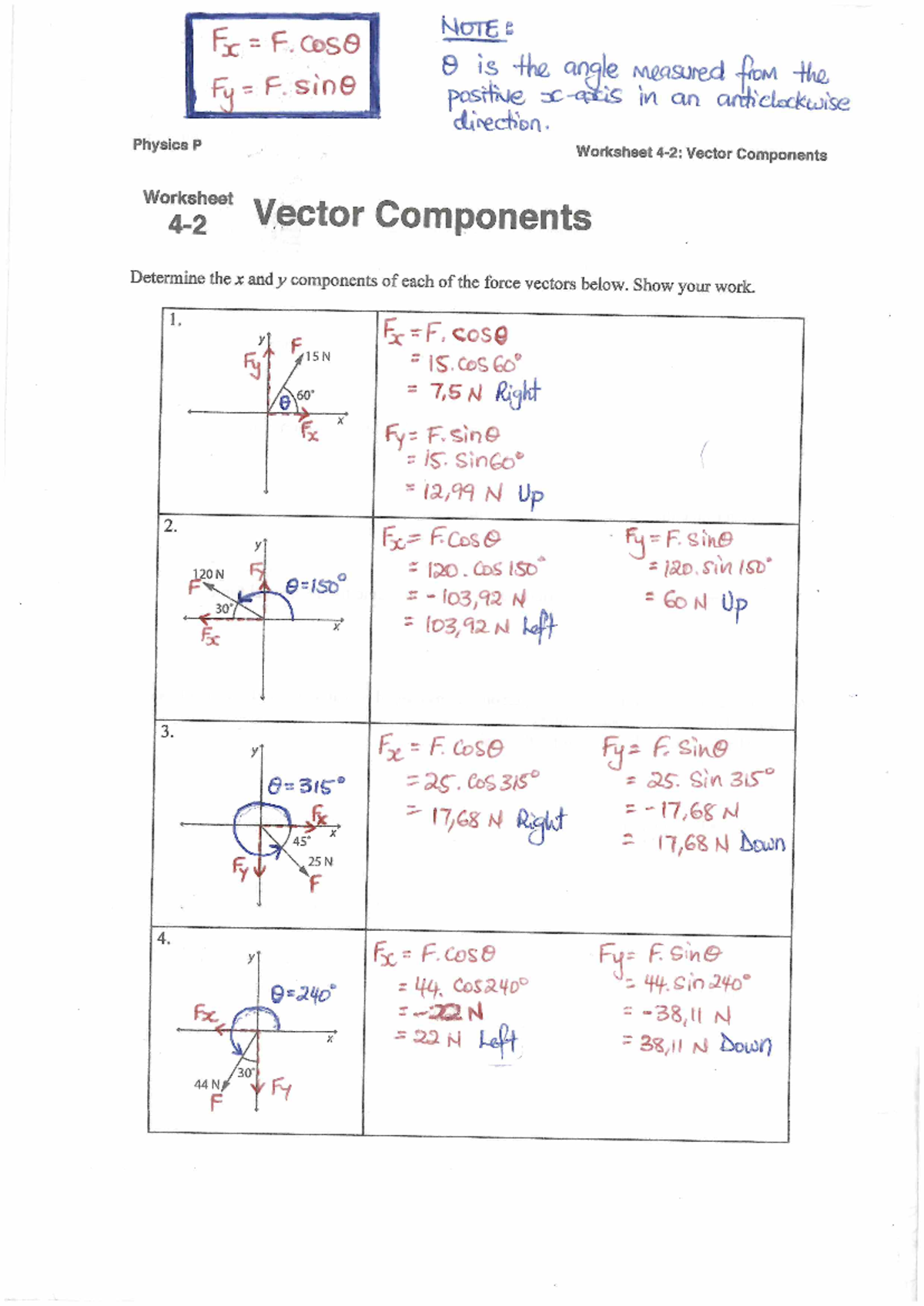 Vector Components Worksheet - NOTE as Fx F Fy F. sino 0 is the angle ...