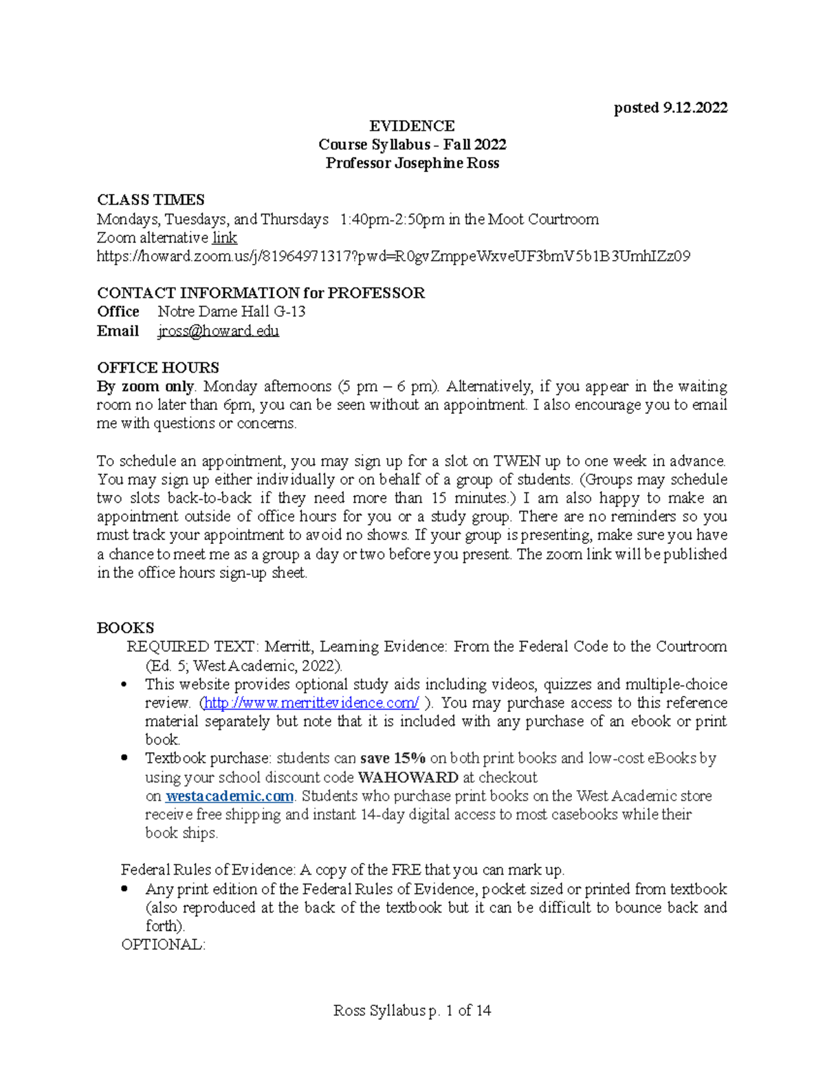 Syllabus Evidence updated 9 - posted 9. EVIDENCE Course Syllabus - Fall ...