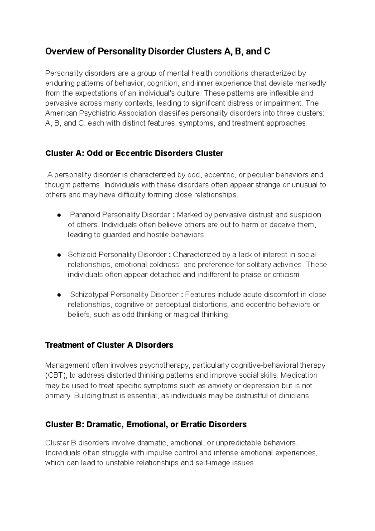 Cluster B Personality Disorders Overview and Characteristics - Studocu
