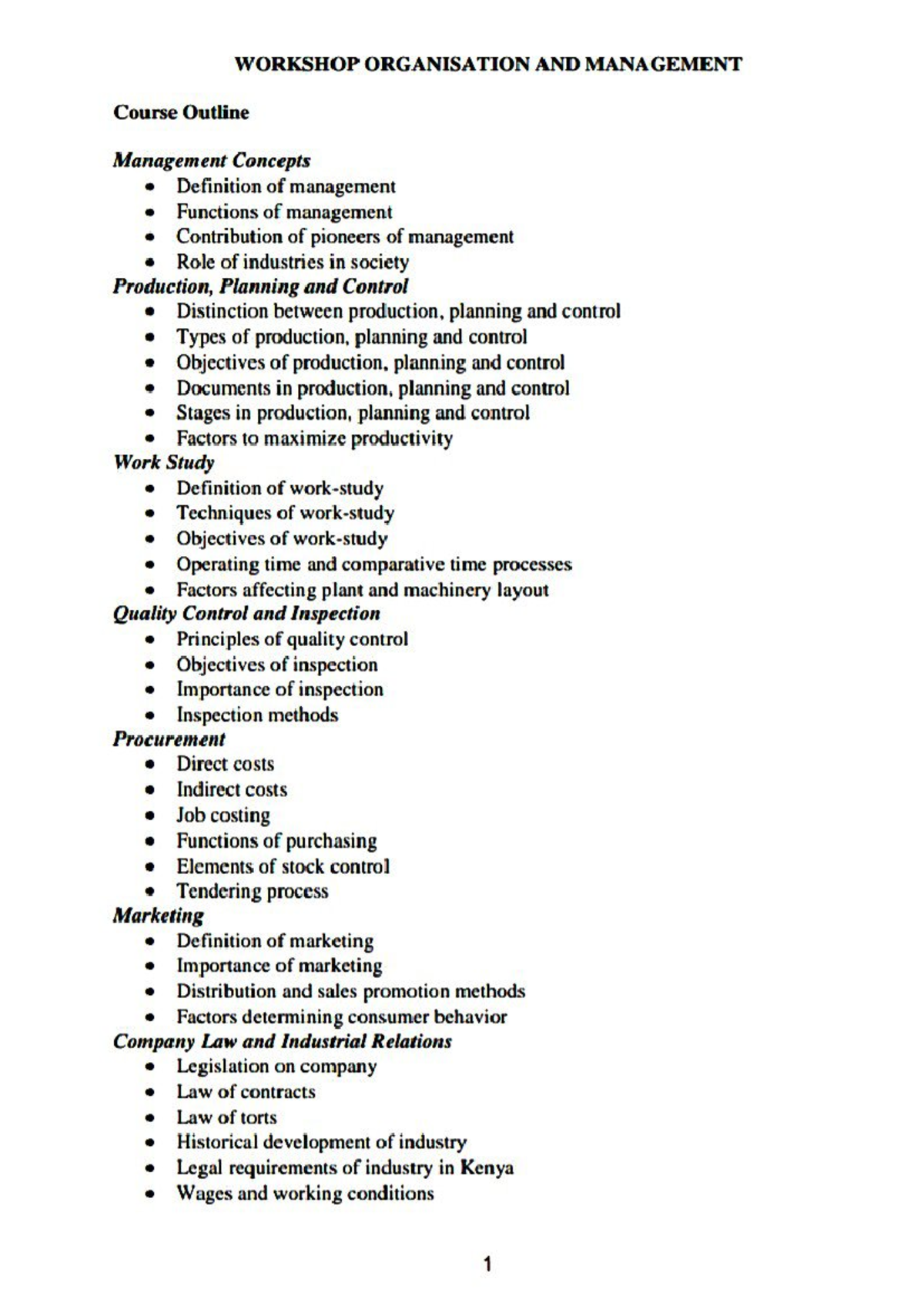 Workshop Organisation and Management: Key Concepts and Functions - Studocu