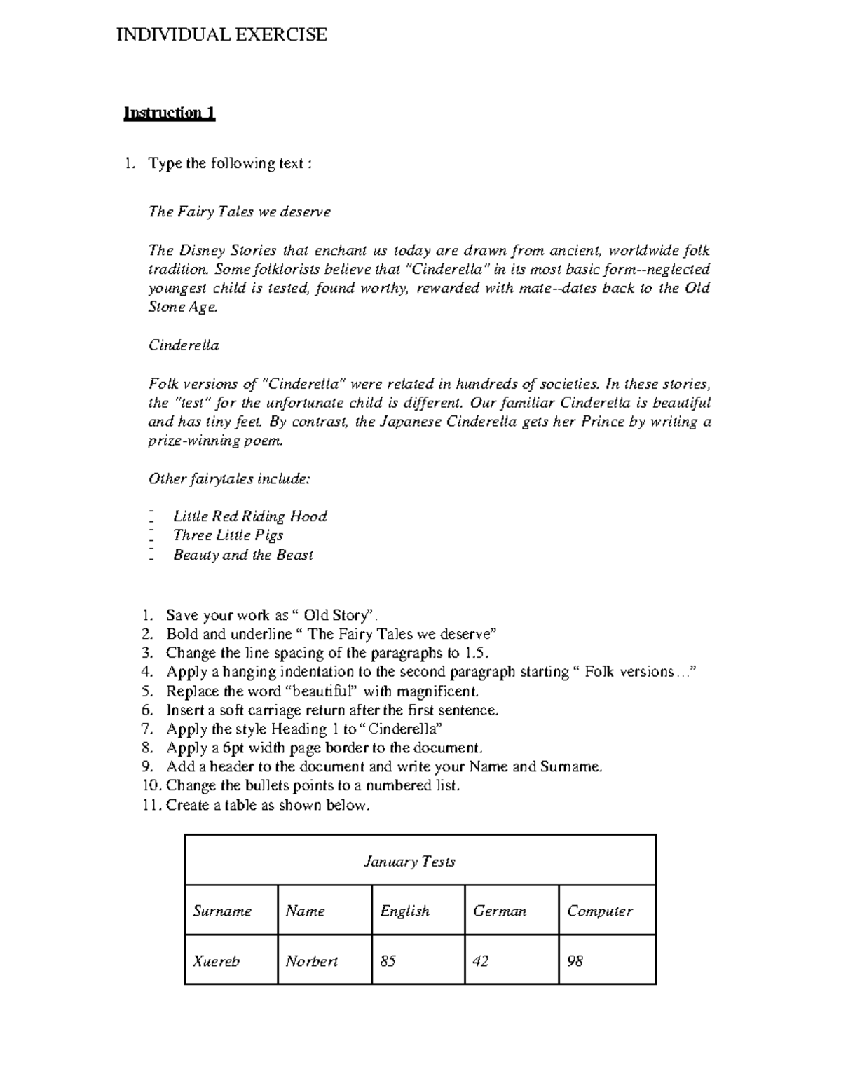 MW Word Exercise - Individual Instructions and Formatting Tasks - Studocu