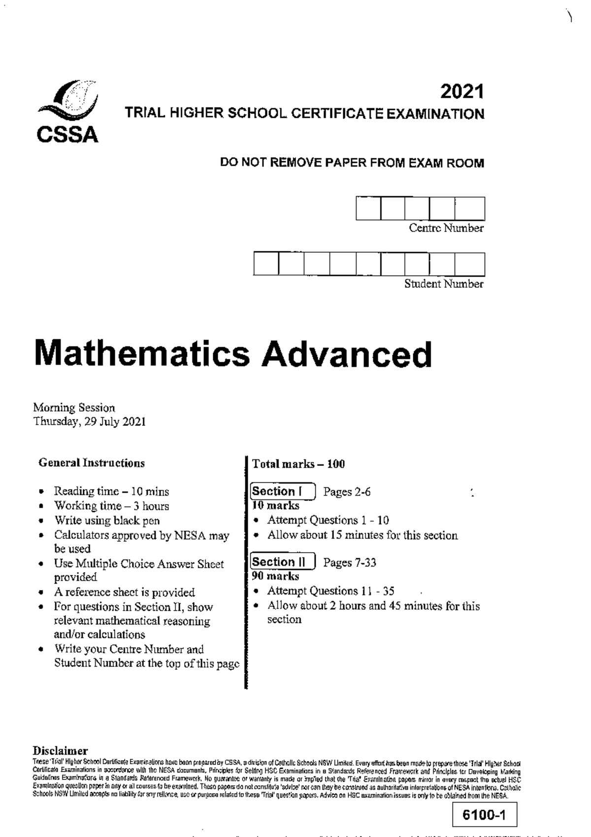 2021 CSSA Mathematics Advanced Trial Exam Solutions - Studocu