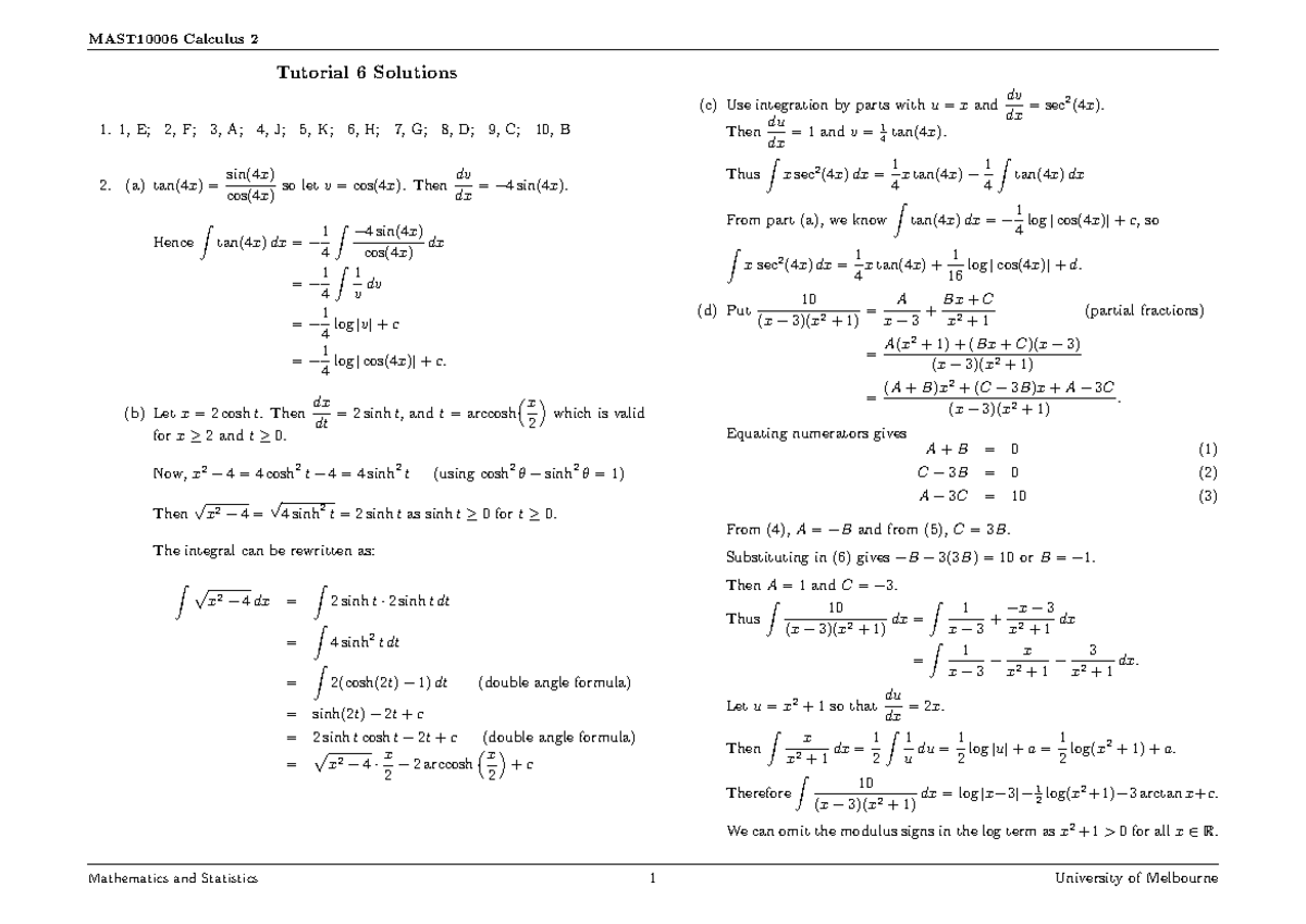 Calculus 2 MATH20002 Week 6 Tutorial Solutions and Integration ...