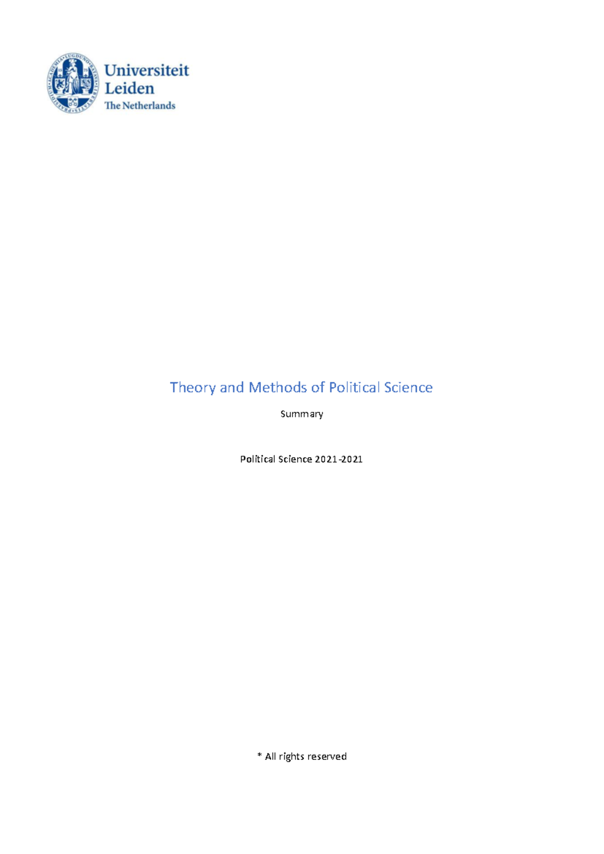 Political Science 2021 - Theory and Methods Summary Insights - Studeersnel
