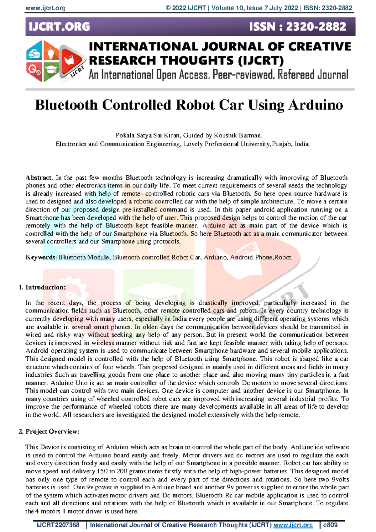 Ijcrt 2207368 - tttt - Bluetooth Controlled Robot Car Using Arduino ...