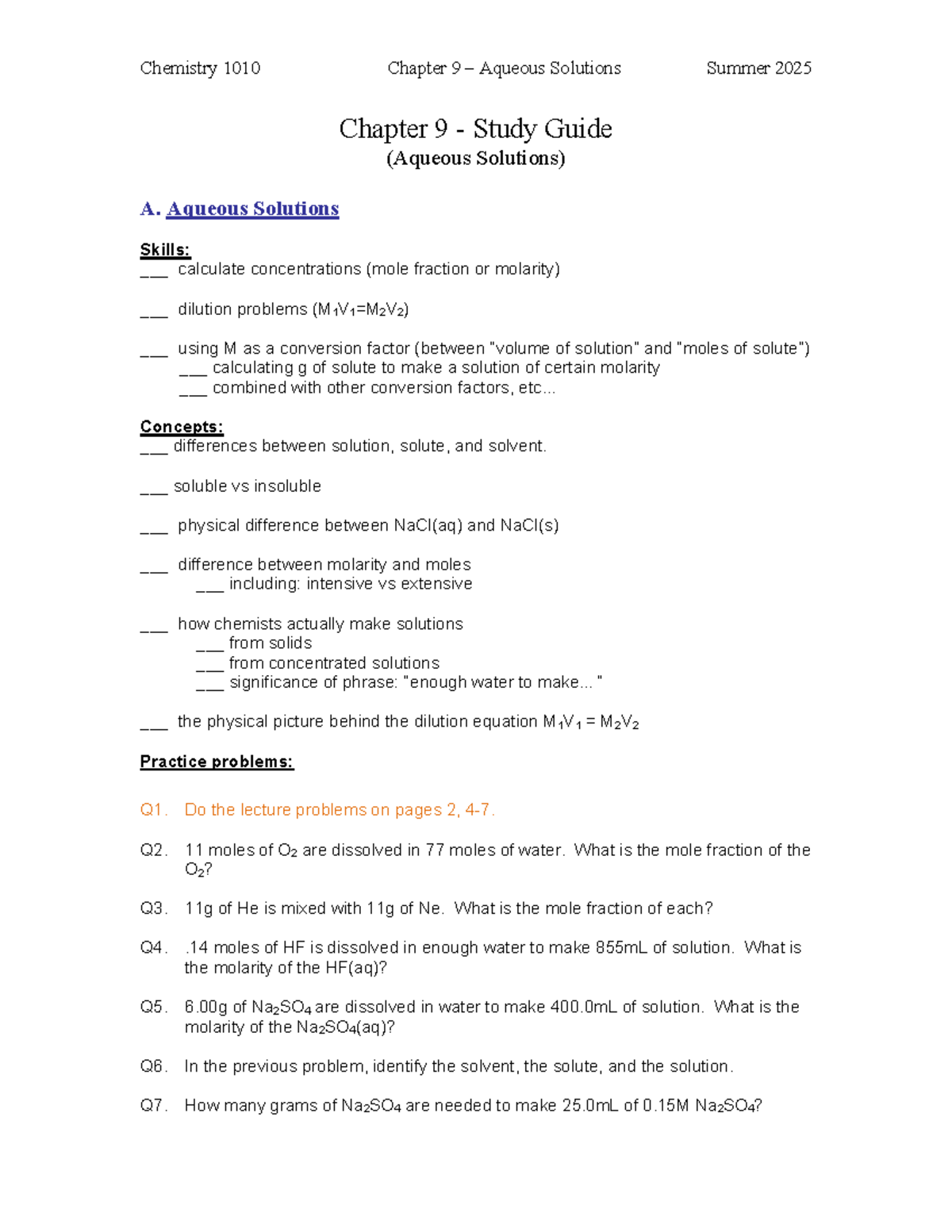 Chemistry 1010 Chapter 9 Aqueous Solutions Study Guide Summer 2025 ...