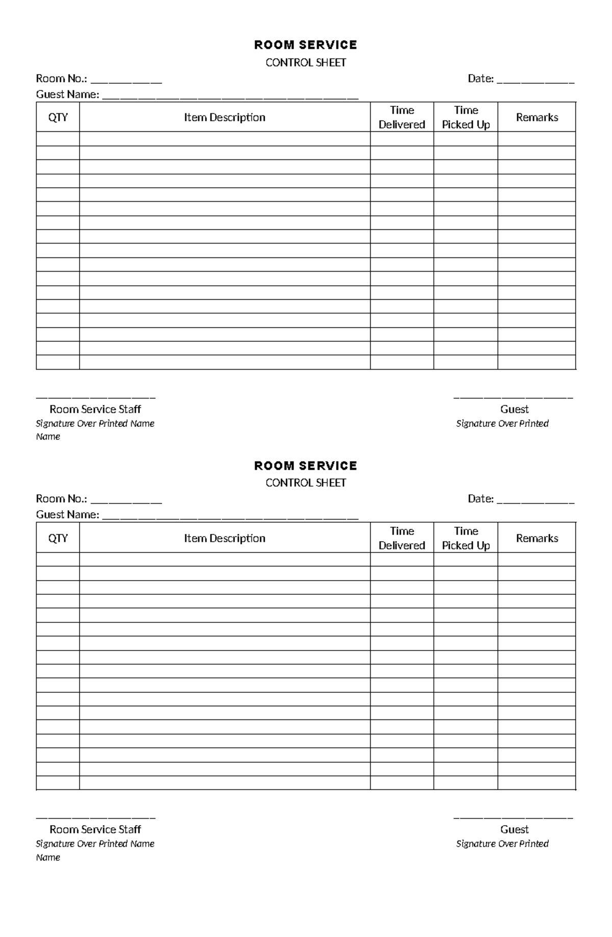 Control Sheet Hotel Sample - ROOM SERVICE CONTROL SHEET Room No ...