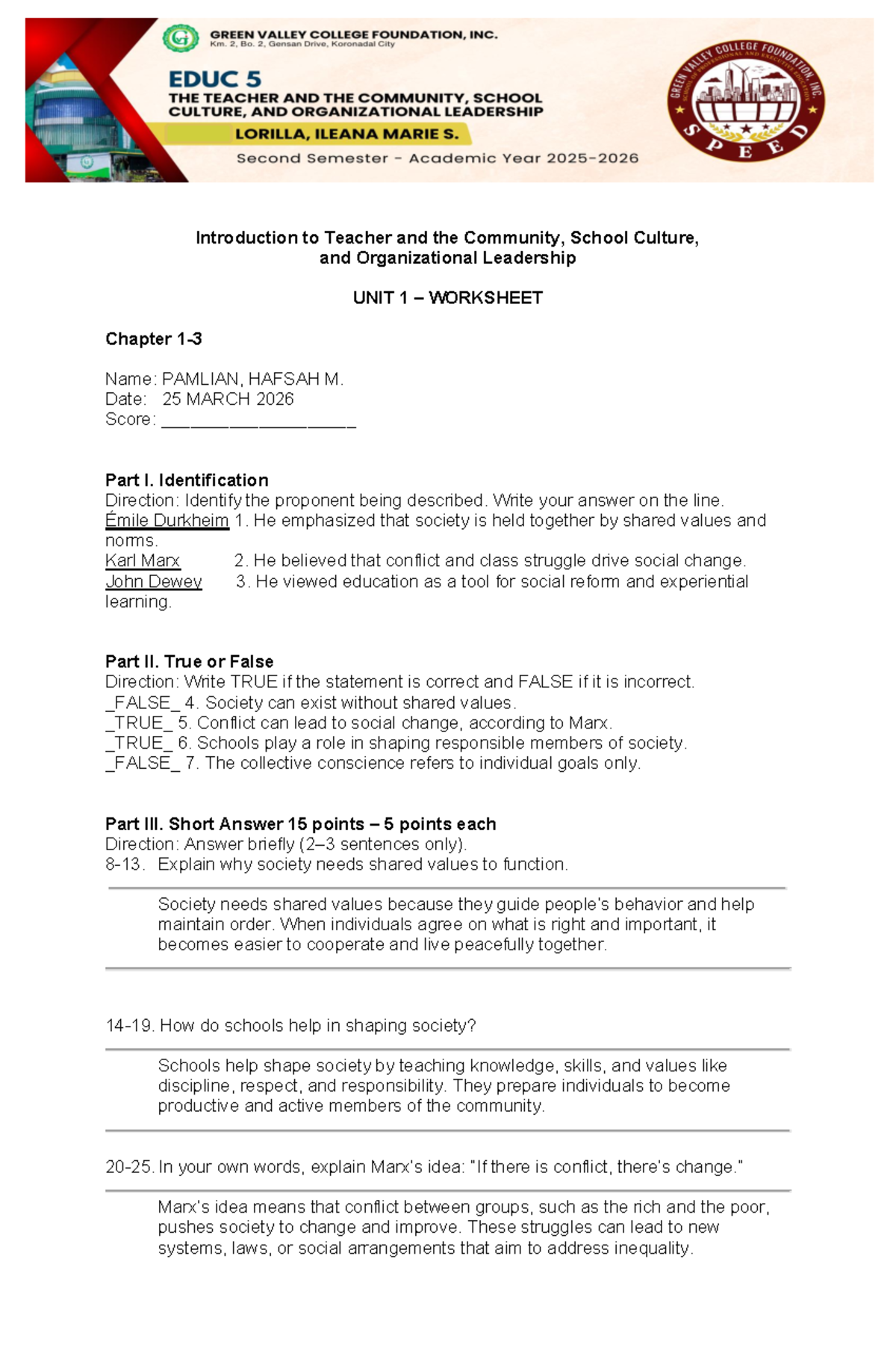 EDUC 5 Unit 1 Worksheet: Teacher, Community, and Leadership Insights ...