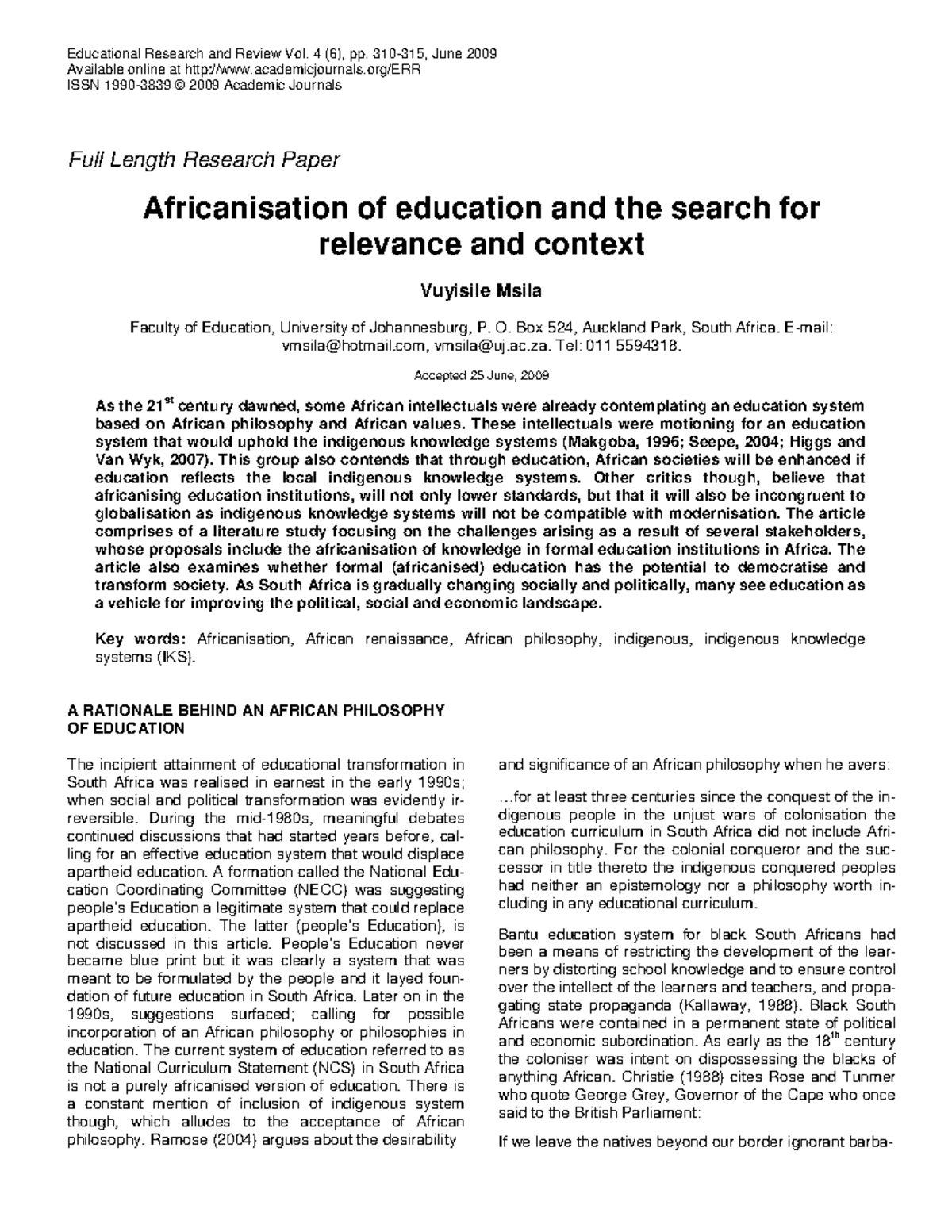 Africanisation of Education: Relevance and Context in South Africa ...