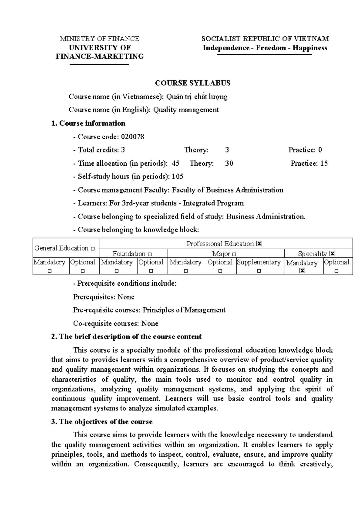 Course Syllabus: Quality Management (020078) - Business Administration ...