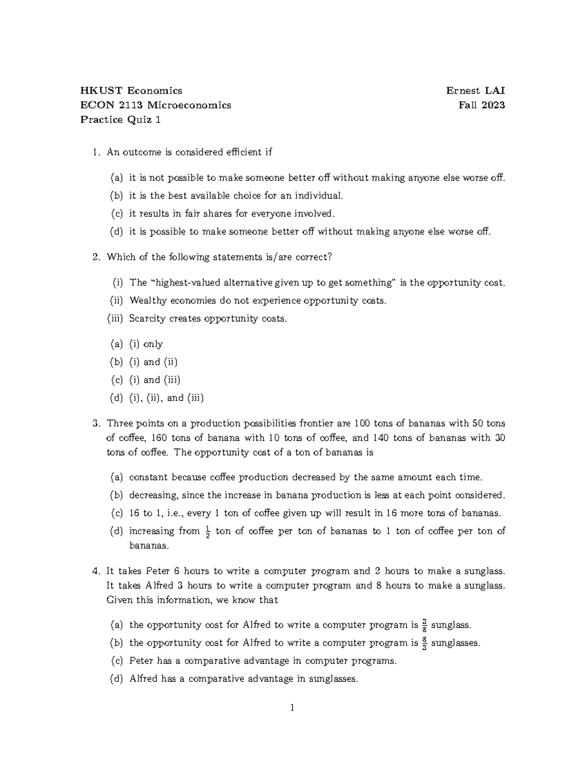 HKUST ECON 2113 Microeconomics Practice Quiz 1 - Fall 2023 - Studocu