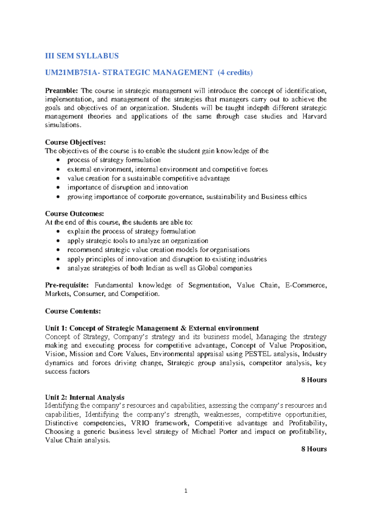 UM21MB751A - Strategic Management Course Syllabus and Details - Studocu