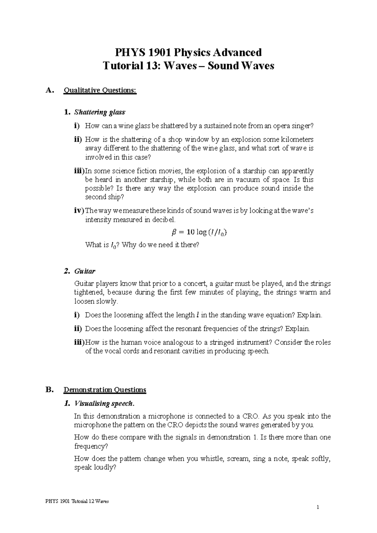PHYS 1901 Advanced Tutorial 13: Exploring Sound Waves and Resonance ...