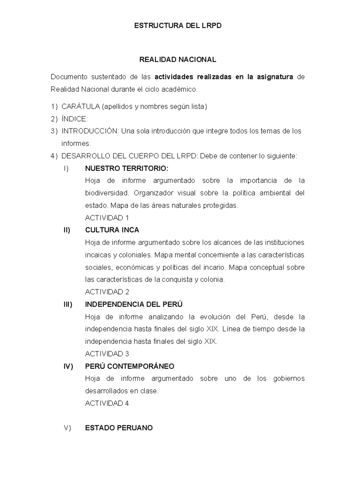 Estructura del LRPD en Realidad Nacional - Actividades Académicas - Studocu