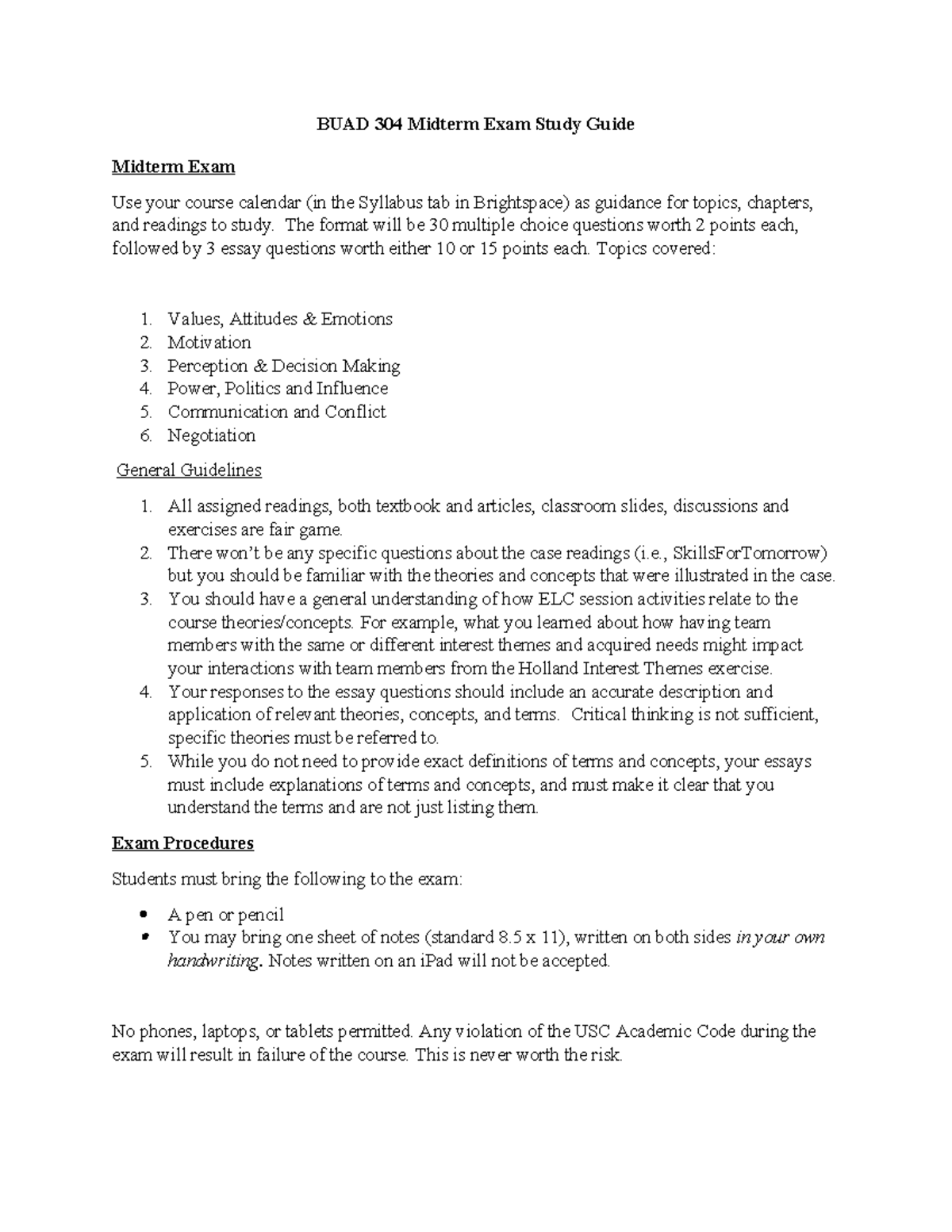 BUAD 304 Midterm Exam Study Guide and Sample Questions - BUAD 304 ...