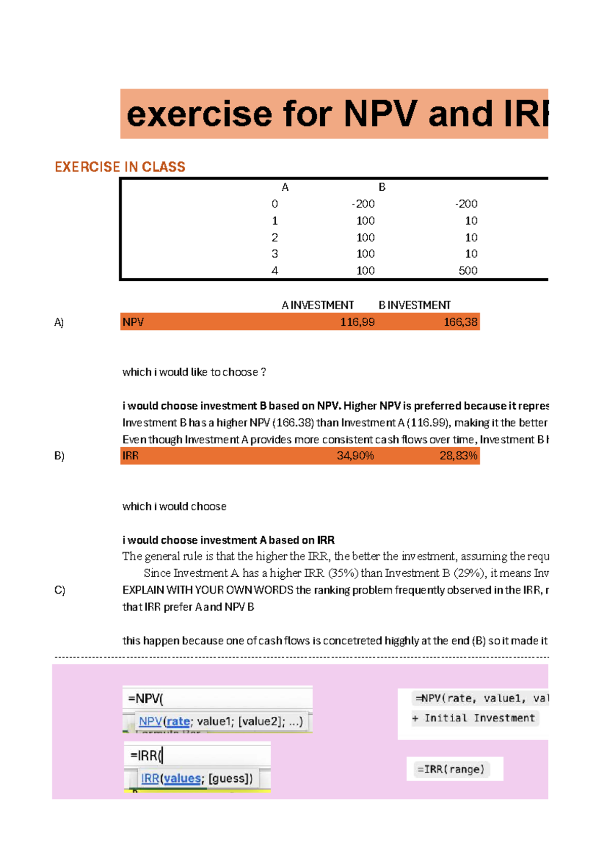 NPV and IRR Analysis Exercises for Finance Course (EXCEL 101) - Studocu
