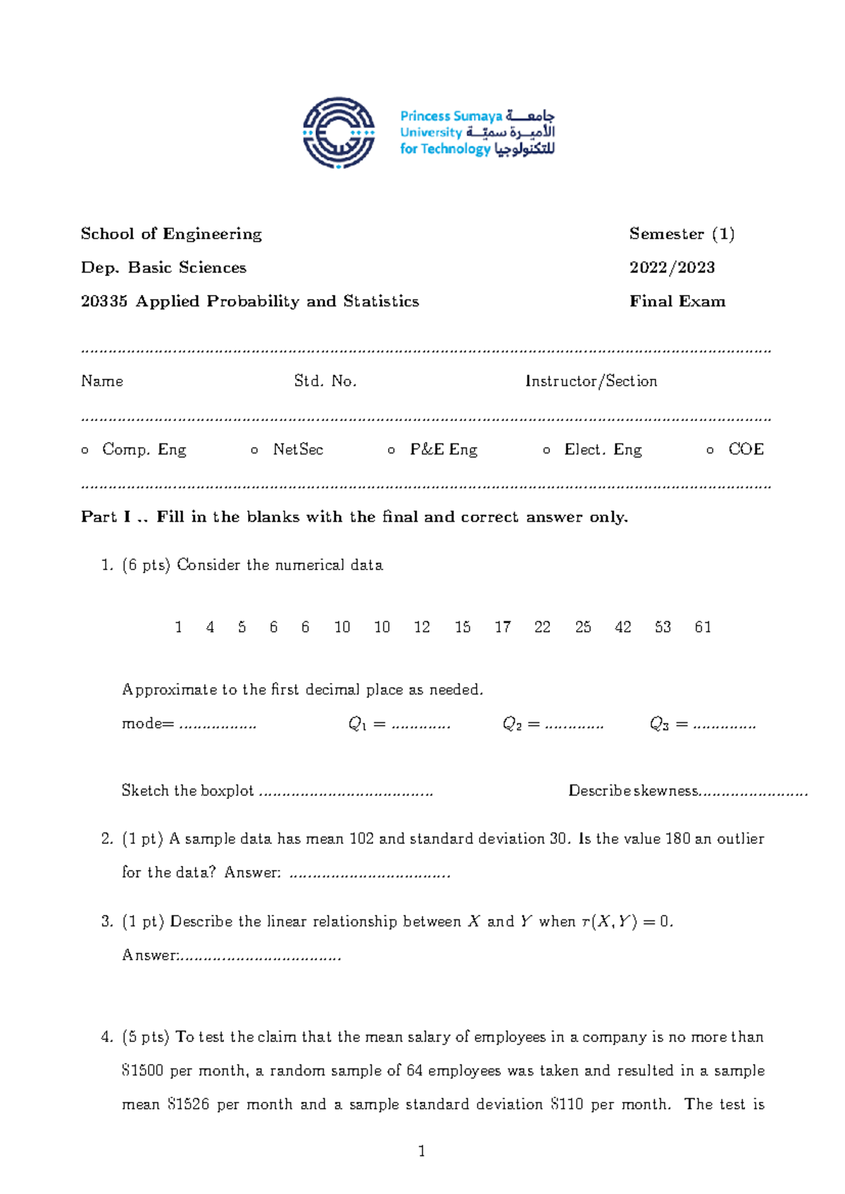 Applied Probability and Statistics 20335 Final Exam S1 22-23 - Studocu