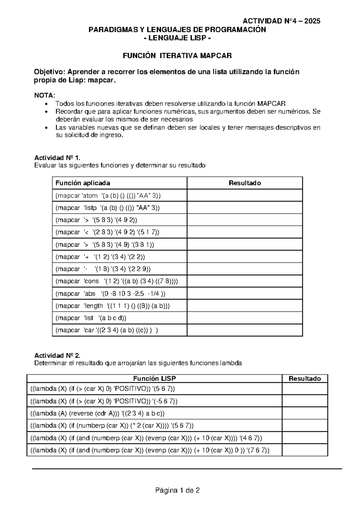 ACTIVIDAD 2025: PARADIGMAS Y LENGUAJES DE PROGRAMACIÓN - LISP MAPCAR ...