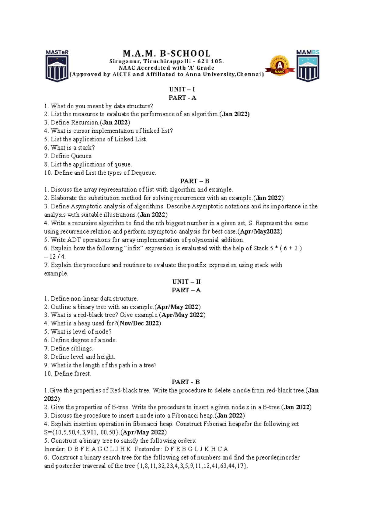 ADS one page ques - one page questions - UNIT – I PART - A What do you ...