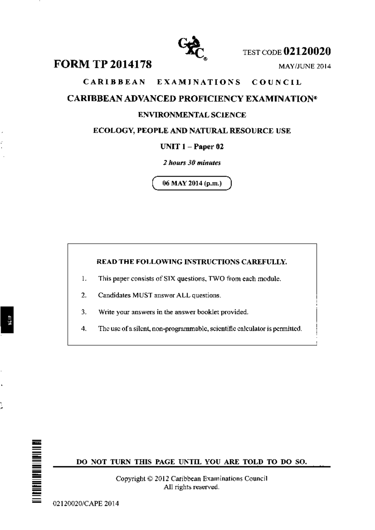Env Science CAPE 2014 Unit 1 Paper 2 - Practice Exam - Studocu