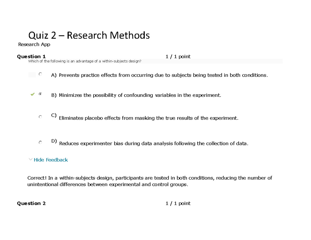 Quiz 2 - Research Methods: Key Concepts and Questions - Studocu