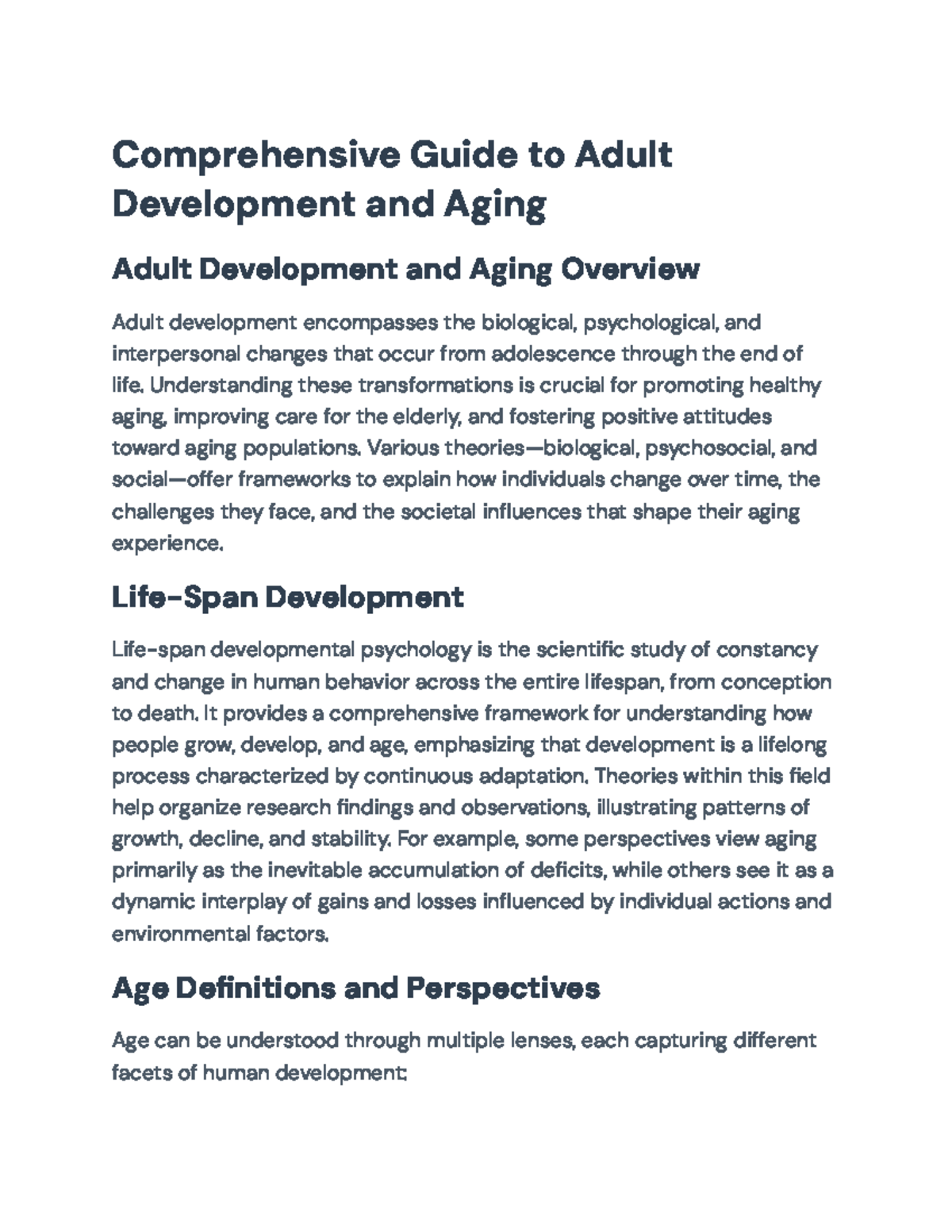 Comprehensive Overview of Adult Development and Aging (AD 101) - Studocu