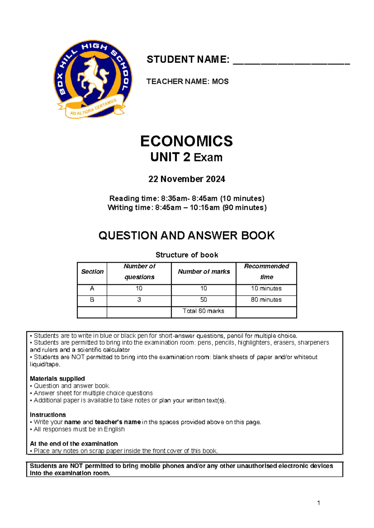 Unit 2 Economics Exam 2024: Questions & Answers Guide - Studocu