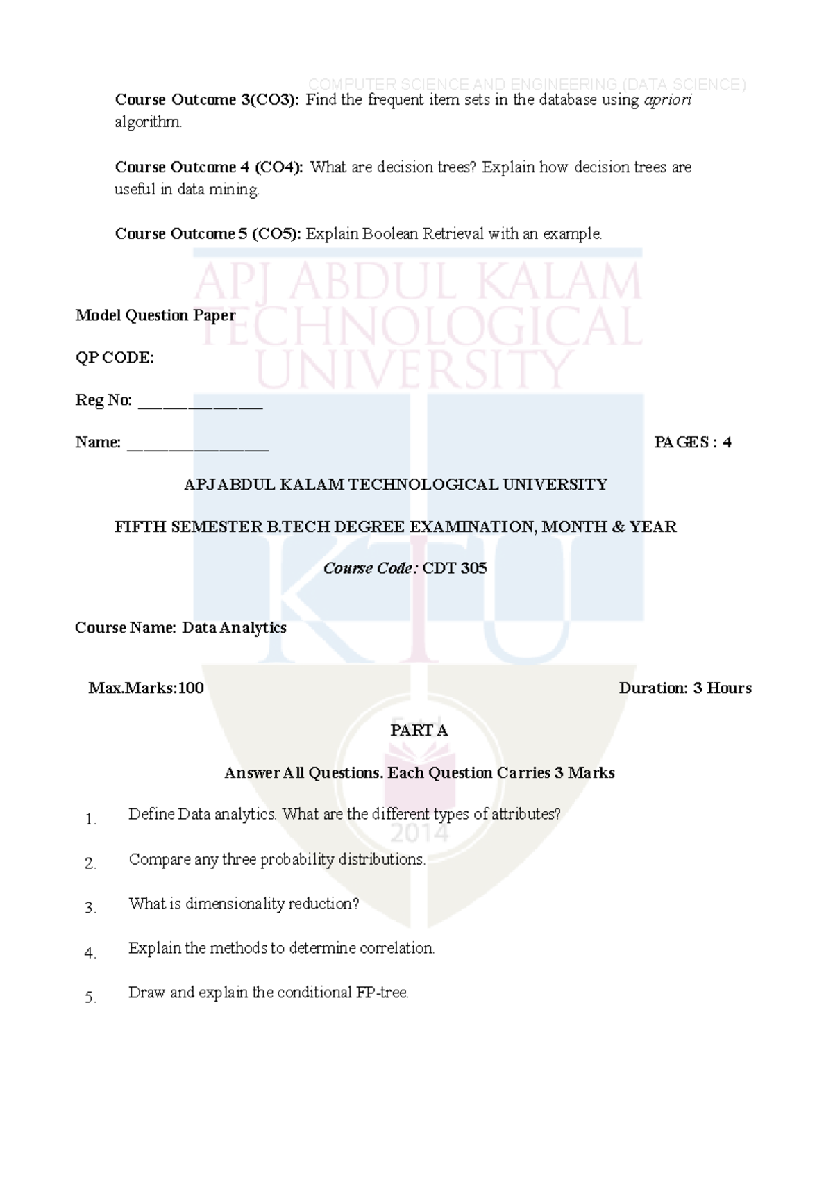 CDT 305 Data Analytics Model Question Paper - Fifth Sem B.Tech Exam ...