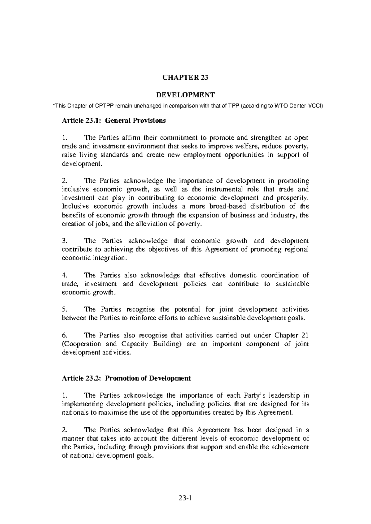 CPTPP CHAPTER 23: Development Provisions and Economic Growth - Studocu